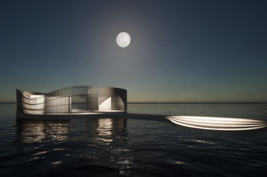 Arkitektonisk rendering av en modern badpaviljong över vatten i månljus, med böljande fasad och dramatisk ljussättning.