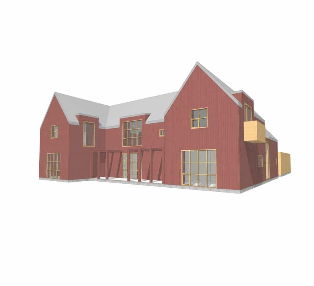 3d-skiss av rött hus