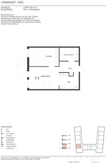 Planritning över lägenhet med 2 rum och kök, inklusive symbolförklaring och placering i byggnaden markerad i rött på översiktskarta.