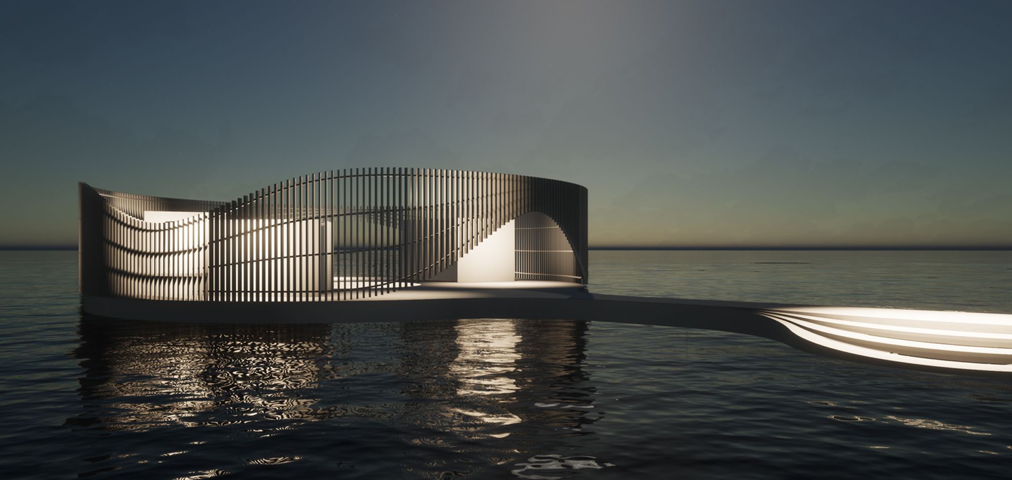 Arkitektonisk rendering av en modern byggnad med böljande fasad, placerad på vatten med reflekterande ljus i skymning.