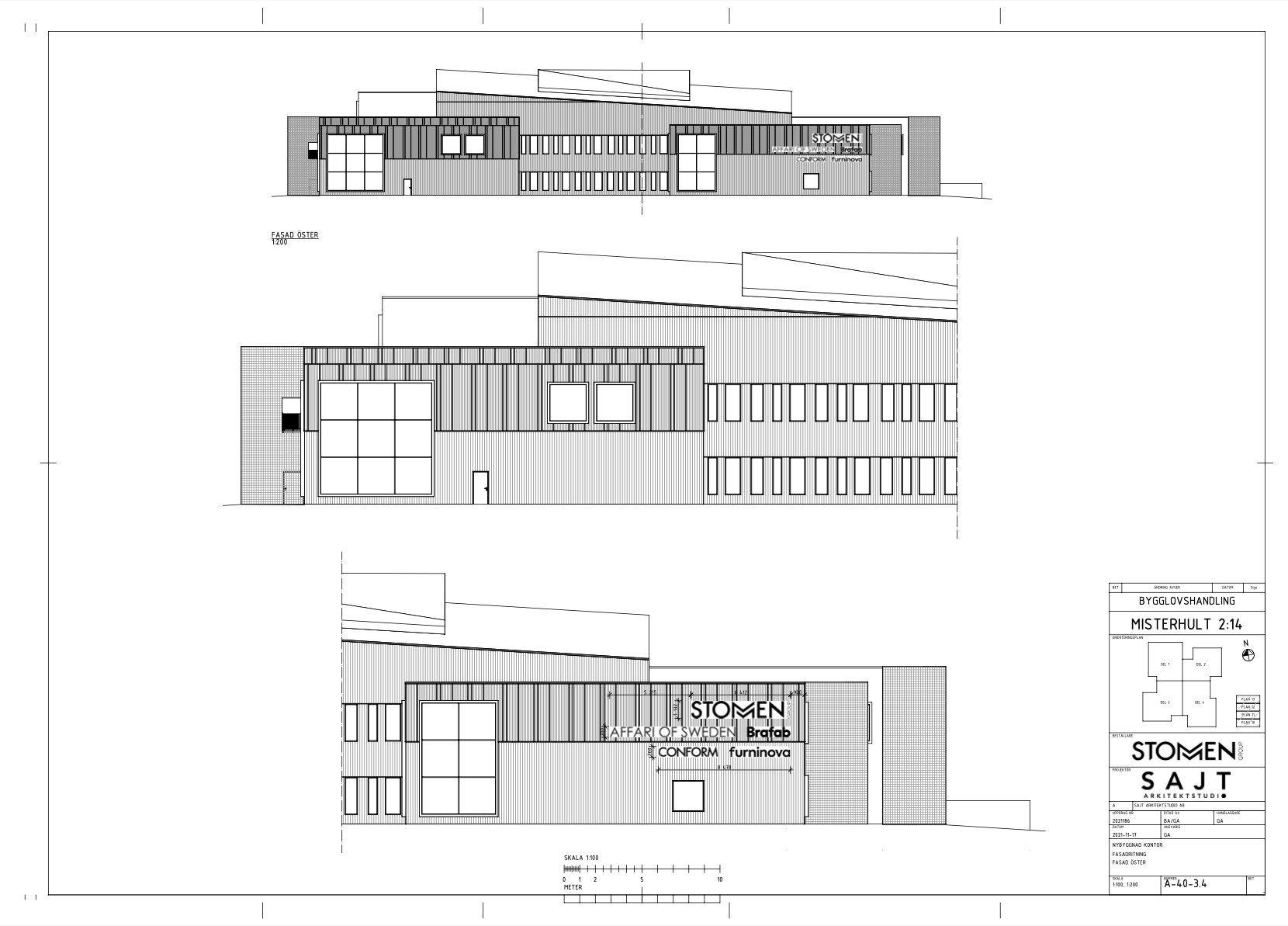 Fasadritning i svartvitt för en ny byggnad, framtagen som bygglovshandling. Ritningen visar tre vyer och inkluderar skala och projektinformation.